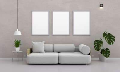 White sofa in grey living room with frames mockup, 3d rendering