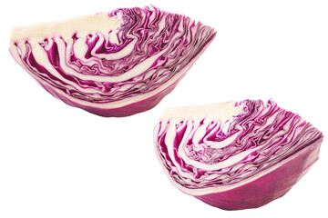 Obraz premium two quarters of red cabbage isolated on white background.