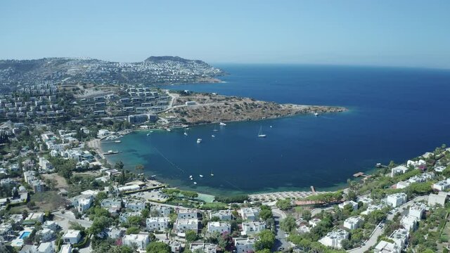 Amazing panoramic aerial 4k view from drone of beautiful bay of G�ndo_an and Yal�kavak in Bodrum on a bright and sunny day in Mugla province in Turkey
