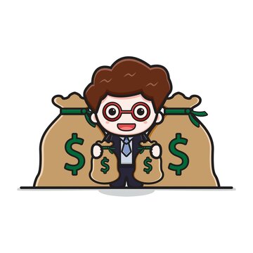 Cute Successful Businessman Holding Gold Cartoon Vector Icon Illustration