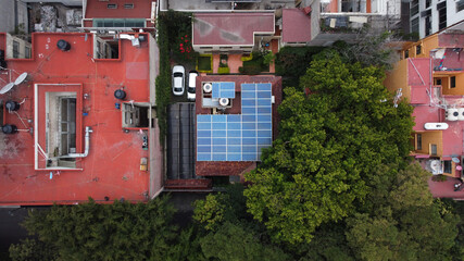 Aerial view of a solar panel mounted on the roof of a house located in Mexico City, Mexico.