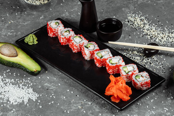 sushi roll california with shrimp, avocado and cheese. Traditional japanese sushi