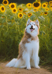 A siberian husky in a sunflower field.  © Star