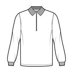 Shirt zip-up polo technical fashion illustration with long sleeves, tunic length, henley neck, oversized, flat knit collar. Apparel top outwear template front, white color. Women men CAD mockup