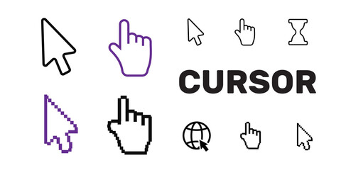 Pixel cursors icons mouse hand arrow. Mouse computer cursor. Hand arrow web cursor set