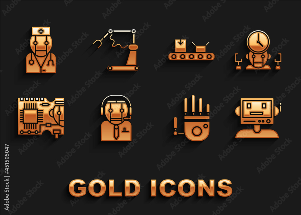 Poster set worker robot, robot and digital time manager, mechanical hand, printed circuit board pcb, convey
