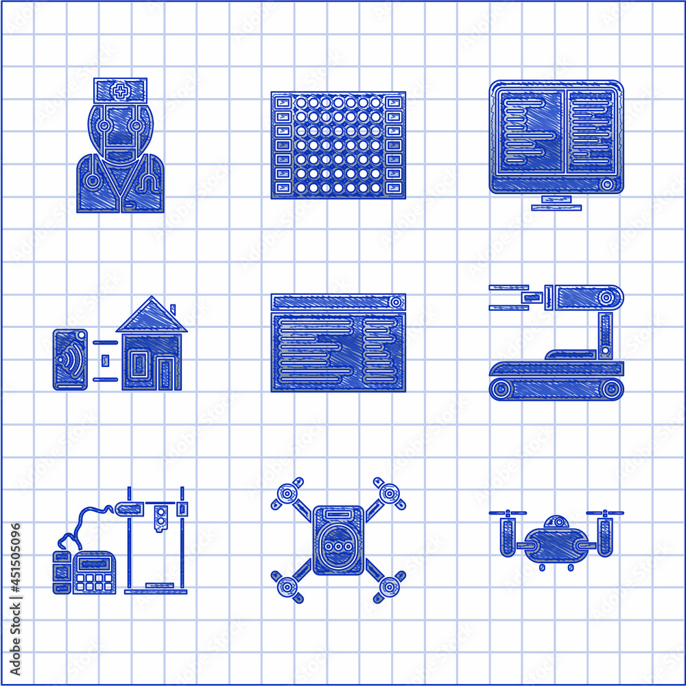 Poster set software, web developer programming code, drone flying with action camera, robot, 3d printer, sm