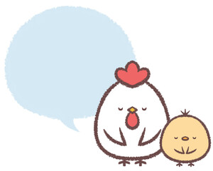 お辞儀をするニワトリ親子とフキダシ