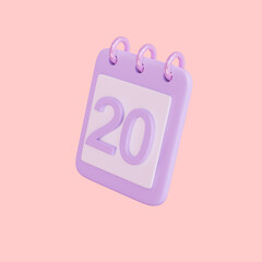 3d 20 days calender icon object rendering
