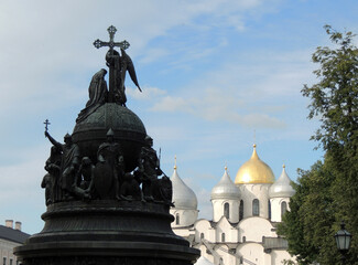  multi-figure monument to the millennium of Russia on the left, next to the Cathedral of St. Sofia in the distance
