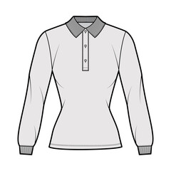 Shirt polo fitted technical fashion illustration with long sleeves, tunic length, henley button neck, flat knit collar. Apparel top outwear template front grey color style. Women men unisex CAD mockup