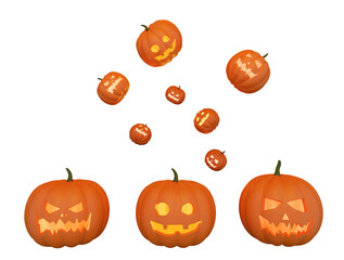 Halloween pumpkins with an evil and cute smile, 3d rendering. Jack O Lantern halloween pumpkins. Halloween background with flying pumpkins in the air, 3d illustration isolated on a white background.