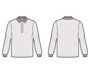 Shirt polo oversized technical fashion illustration with long sleeves, tunic length, henley button neck, flat knit collar. Apparel outwear template front, back, grey color style. Women men CAD mockup