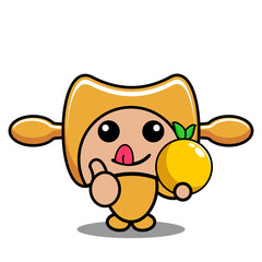 vector cartoon cute rolling pin mascot costume cooking tool character holding orange fruit