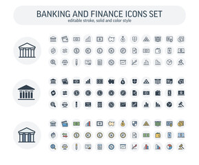Vector editable stroke, solid, color style icons set. Illustration with banking and finance outline symbols. Bank, card, wallet, coin, safe, money bag, cash, dollar, euro, bitcoin thin line pictogram