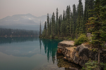 Lake O’Hara shrouded in forest fire smoke in Yoho National Park, British Columbia, Canada