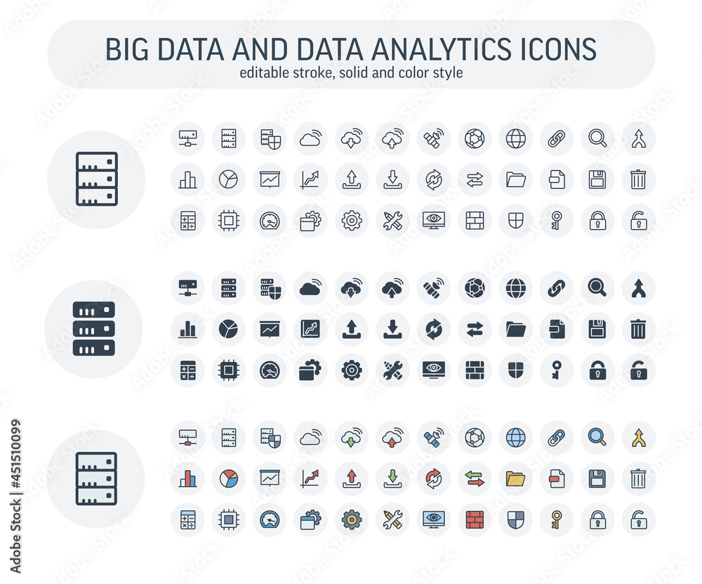 Poster vector editable stroke, solid, color style icons set. illustration with big data and analytics techn