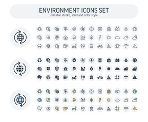 Vector editable stroke, solid, color style icons set. Illustration with environmental and ecology outline symbols. Eco, bio energy, wind power, recycle, electric car charge station thin line pictogram