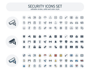Vector editable stroke, solid, color style icons set. Illustration with security, cyber safety outline symbols. Protection, cctv camera, video monitor, home lock, control access thin line pictogram - 451510034