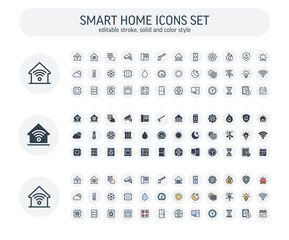 Vector editable stroke, solid, color style icons set. Illustration with home, smart house, outline symbols. Robot vacuum cleaner, device, security, wireless remote control system thin line pictogram - 451510095