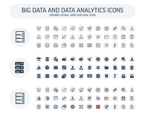 Vector editable stroke, solid, color style icons set. Illustration with big data and analytics technology outline symbols. Bigdata, database, seo, server, information security thin line pictogram - obrazy, fototapety, plakaty