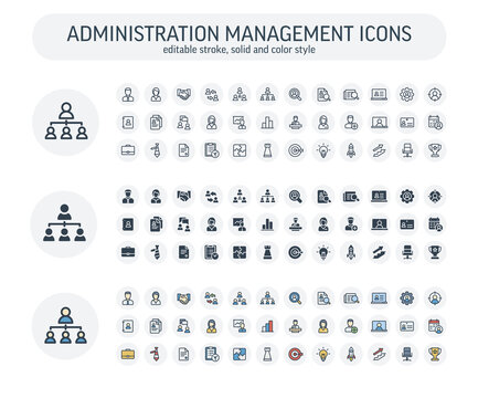 Vector editable stroke, solid, color style icons set. Illustration with business and administration management outline symbols. Marketing research, strategy, work people, career, job line pictogram