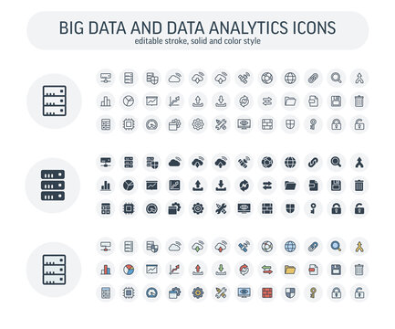 Vector editable stroke, solid, color style icons set. Illustration with big data and analytics technology outline symbols. Bigdata, database, seo, server, information security thin line pictogram