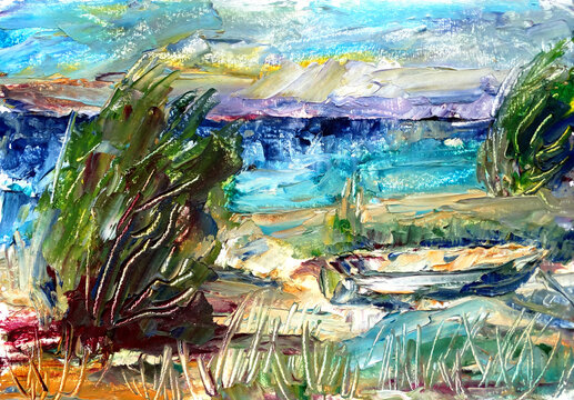 Coastal landscape sand dunes and boat, oil painting, travel sketch. Baltic sea view.