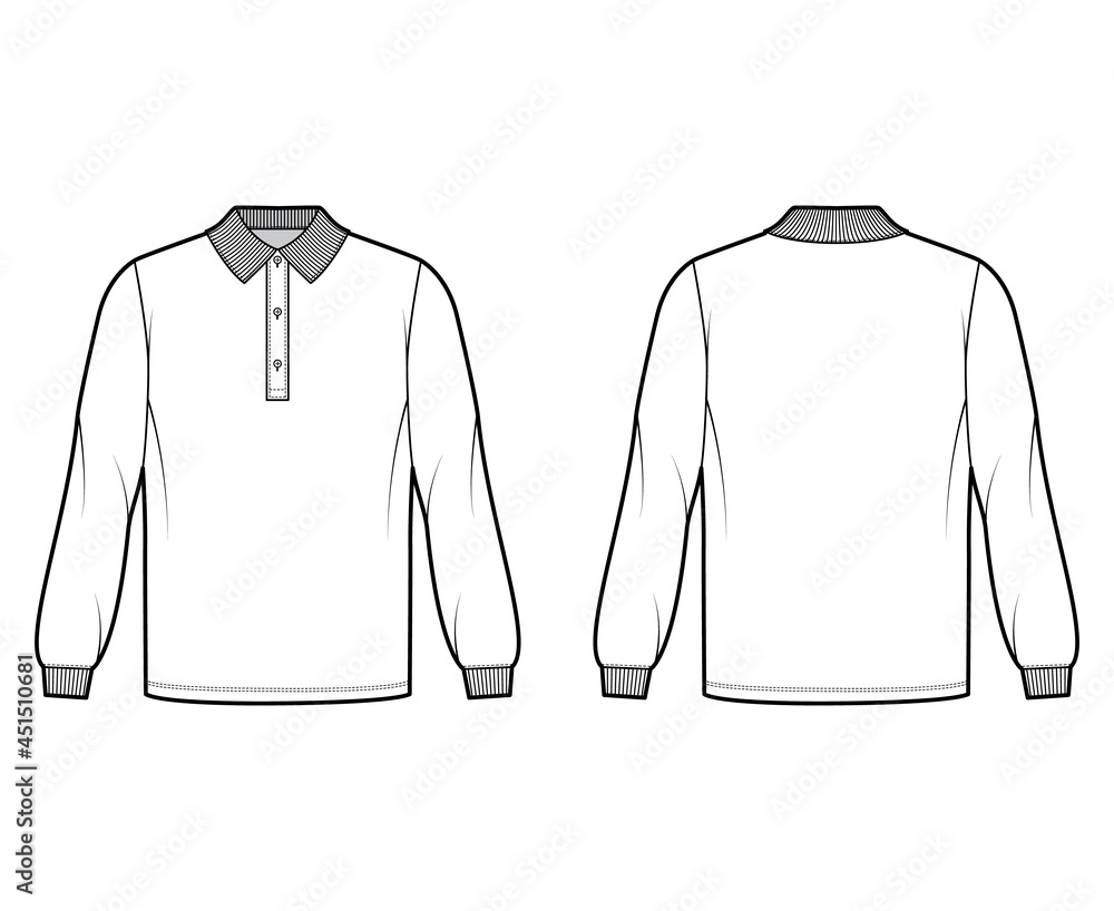 Sticker Shirt polo oversized technical fashion illustration with long sleeves, knit cuff, henley button collar. Apparel top outwear template front, back, white color style. Women, men, unisex CAD mockup - Stickers