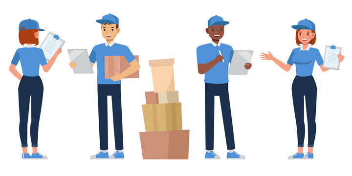 Man and woman carrying boxes. Delivery people holding a parcel package character vector design.