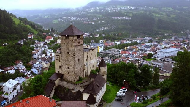 Village of Landeck in Austria with Landeck Castle - aerial view - travel photography by drone