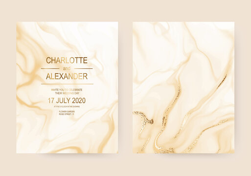 Abstract Fluid Gold Marble Wedding Invitation Cards With Sparkle Waves.