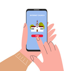 Person joining to internet church service with phone. Mobile app for live religious broadcast, conducting in distance. Video Call conference with parishioners online. Vector flat line illustration - obrazy, fototapety, plakaty