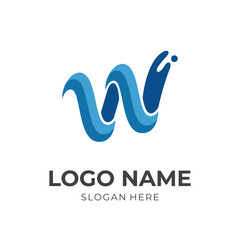 letter W logo template with flat blue color style