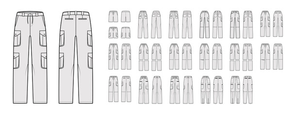 Set of Cargo pants, shorts convertible technical fashion illustration with normal low waist, high rise, box pleated pockets, belt loops. Flat front back, grey color style. Women men unisex CAD mockup