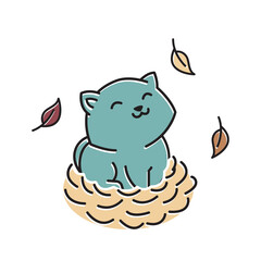 Smiling Cute Little Cat Kitten Nest Autumn Fall Season Cartoon