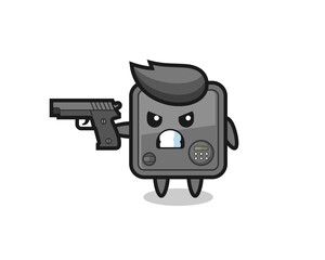 the cute safe box character shoot with a gun