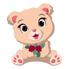 Cartoon cute baby bear holding a flowers