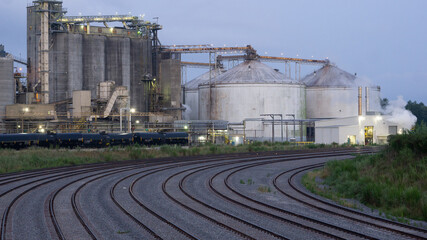 Closeup shot of railroads and industrial buildin