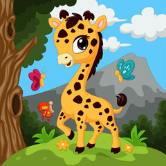 Cartoon little giraffe in jungle