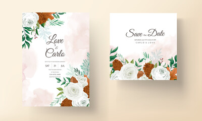 Fototapeta na wymiar wonderful wedding invitation card set with greenery leaves, white rose and pine flower