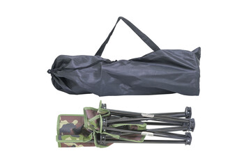 Folding chair for camping in camouflage pattern and Carry bag for camping chairs isolated on white...