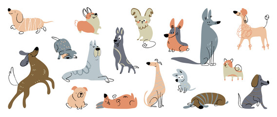 Fototapety  Słodkie psy doodle wektor zestaw. Pies lub szczeniak postaci z kreskówek projektuje kolekcję z płaskim kolorem w różnych pozach. Zestaw zabawnych zwierząt domowych na białym tle.