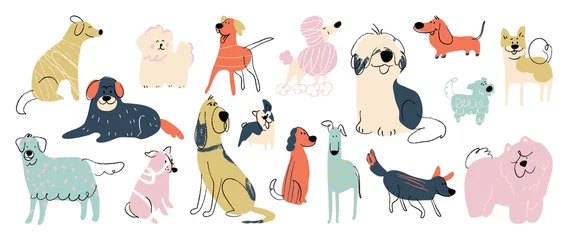 Foto op Aluminium Leuke honden doodle vector set. Cartoon hond of puppy tekens ontwerp collectie met egale kleur in verschillende poses. Set van grappige gezelschapsdieren geïsoleerd op een witte achtergrond. © TWINS DESIGN STUDIO