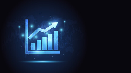 Financial chart with moving up arrow graph icon in stock market on blue color background