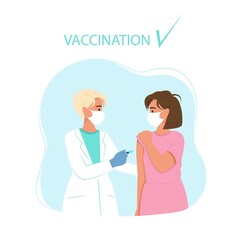 Doctor vaccinates a woman. Vaccination against coronavirus. Vector illustration in flat style.