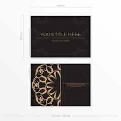 Rectangular postcard design in black with luxurious patterns. Stylish invitation with vintage ornament.