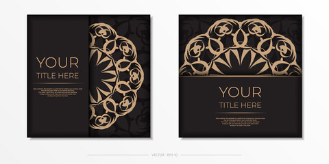 Square postcard design in black color with luxurious ornaments. Vector invitation card with vintage patterns.
