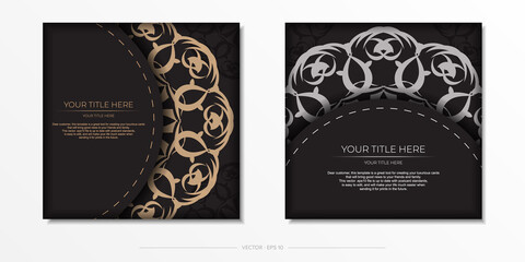 Square postcard design in black color with luxurious ornaments. Vector invitation card with vintage patterns.