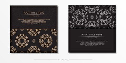 Square Ready-to-print postcard design in black with luxurious patterns. Vector Invitation card template with vintage ornament.